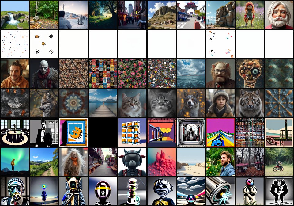 Ten random images from each of seven image models, one model per row