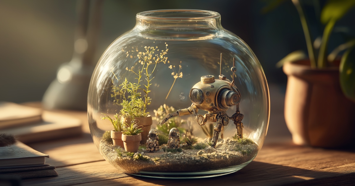 A cozy glass terrarium on a desk. Inside, one small robot tends a garden of even smaller robots.